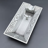 Silver Art Deco metal cigar ashtray with rectangular tray and raised cigar rest