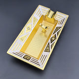 Gold Art Deco metal cigar ashtray with blue enamel-style border details