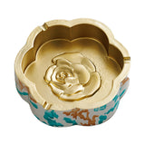 Turquoise splash marble flower shaped ashtray with gold-tone interior and rose detail