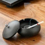 Matte Black ceramic ashtray with lid for indoor and outdoor use
