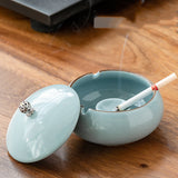 Ice Blue Crackle ceramic ashtray with lid and cigarette rests