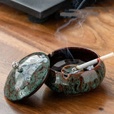 Green Marble ceramic ashtray with lid and middle pedestal for cigarette use