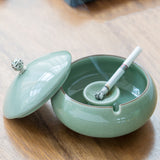 Celadon Green Crackle ceramic ashtray with lid and cigarette rest