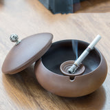 Matte Clay Brown ceramic ashtray with lid and middle pedestal