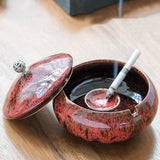 Red Glaze ceramic ashtray with lid and cigarette rest for tabletop use