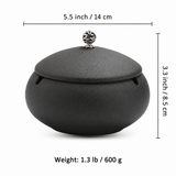 Matte Black ceramic ashtray with lid size guide and weight details