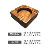 Square wooden cigar ashtray size guide showing medium and large options