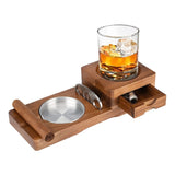 Wooden cigar ashtray tray with whiskey glass holder and stainless steel ash insert