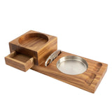 Wooden cigar ashtray tray with whiskey glass holder viewed from above
