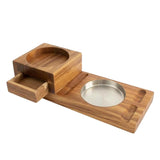Wooden cigar ashtray tray with built-in glass holder and ash insert on white background