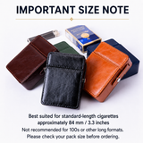 PU leather cigarette lighter cases in multiple colors with a reminder to check cigarette pack size before ordering.
