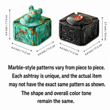 Covered ceramic ashtray measurement guide with marble-style pattern variation notice