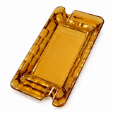 Amber gold crystal glass cigar ashtray with dual cigar rests and faceted rectangular design