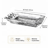 Product information image for crystal glass cigar ashtray showing measurements, weight, and material