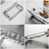 Crystal glass cigar ashtray detail collage showing cigar rest grooves, thick glass, and faceted edges