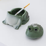 Cute Frog Ceramic Covered Ashtray with Lid Windproof Outdoor Ash Tray