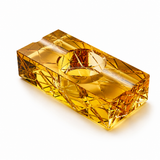 Amber Gold diamond-cut crystal glass cigar ashtray with dual cigar rests and deep center bowl