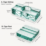 Crystal glass cigar ashtray and cigar rest size chart with inch and cm measurements