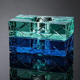 Stacked Aqua Clear and Sapphire Blue crystal glass cigar ashtrays with polished faceted finish