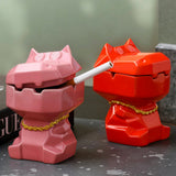 Adorable hippo ceramic ashtray with lid shown in pink and red for smoking table decor