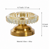 Faceted glass ashtray with metal stand size guide showing measurements and material
