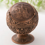 Globe Ashtray with Flip Lid Castle Carving Metal Ash Tray Vintage Retro