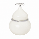 White gourd-shaped ceramic ashtray with lid and silver-tone trim on white background