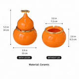 Orange gourd-shaped ceramic ashtray with lid size guide showing measurements and weight