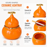 Orange gourd-shaped ceramic ashtray feature image showing lid, cigarette grooves and ceramic bowl