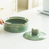 Green Ashtray with Lid for Patio Ceramic Vintage Large Lidded Covered Smokeless Cool Elegant Ash Tray