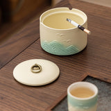 Japanese Ceramic Covered Ashtray Mountain Design Decorative Ash Tray Lidded Smokeless for Patio