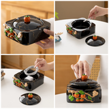 Lidded ceramic ashtray in black marble-look for tabletop smoking areas
