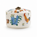 Lidded ceramic ashtray with colorful rooster pattern and decorative metal ring handle