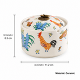 Product information image for lidded ceramic rooster ashtray showing size and material details