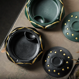 Top view of teal lotus resin ashtray bowl and removable perforated lid