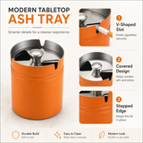 Modern tabletop ashtray feature image showing covered lid, cigarette slots and stepped edge