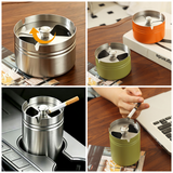 Stainless steel ashtray shown in open and closed lid positions