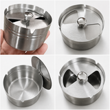 Stainless steel ashtray detail collage showing rotating lid, smooth interior and brushed metal finish
