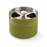 Short olive green covered stainless steel ashtray with brushed metal lid