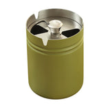 Tall olive green covered stainless steel ashtray with cylindrical body and cigarette slots