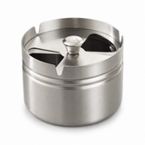 Short silver covered stainless steel ashtray with rotating lid and cigarette slots