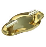 Polished gold stainless steel cigar ashtray with dual cigar rests on white background