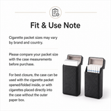 Black leather cigarette case with text on fit and use notes on a white background