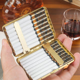 Open metal cigarette case holding standard cigarettes with protective clips