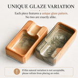 Close-up comparison of unique glaze patterns on rustic ceramic cigar ashtrays