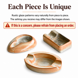Ceramic cigar ashtrays with a rustic terracotta orange and gray glaze, with informational text about natural glaze variations.