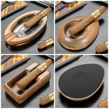 Rustic ceramic cigar ashtray collage showing oval, round, and rectangular designs with cigar rests and a non-slip base.