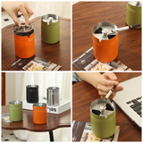 Collage of the features of stainless steel ashtray with rotatable lid tall style.