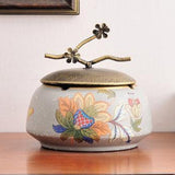 Mist gray ceramic ashtray with lid and colorful vintage floral design