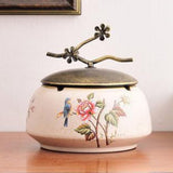 Ivory ceramic ashtray with lid, pink rose, and blue bird design